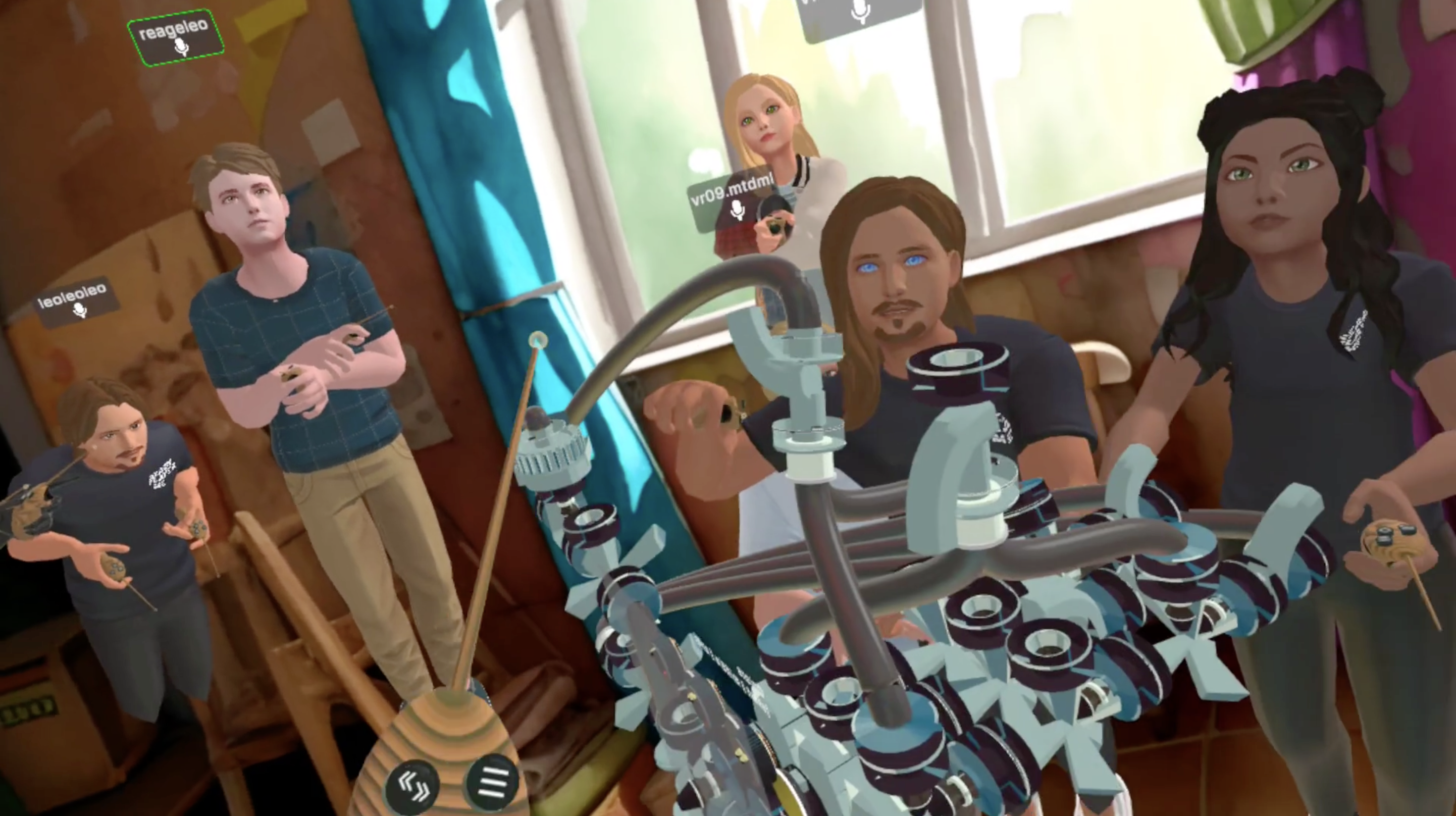 Multiple avatars interacting with a modular musical instrument in PatchWorld VR