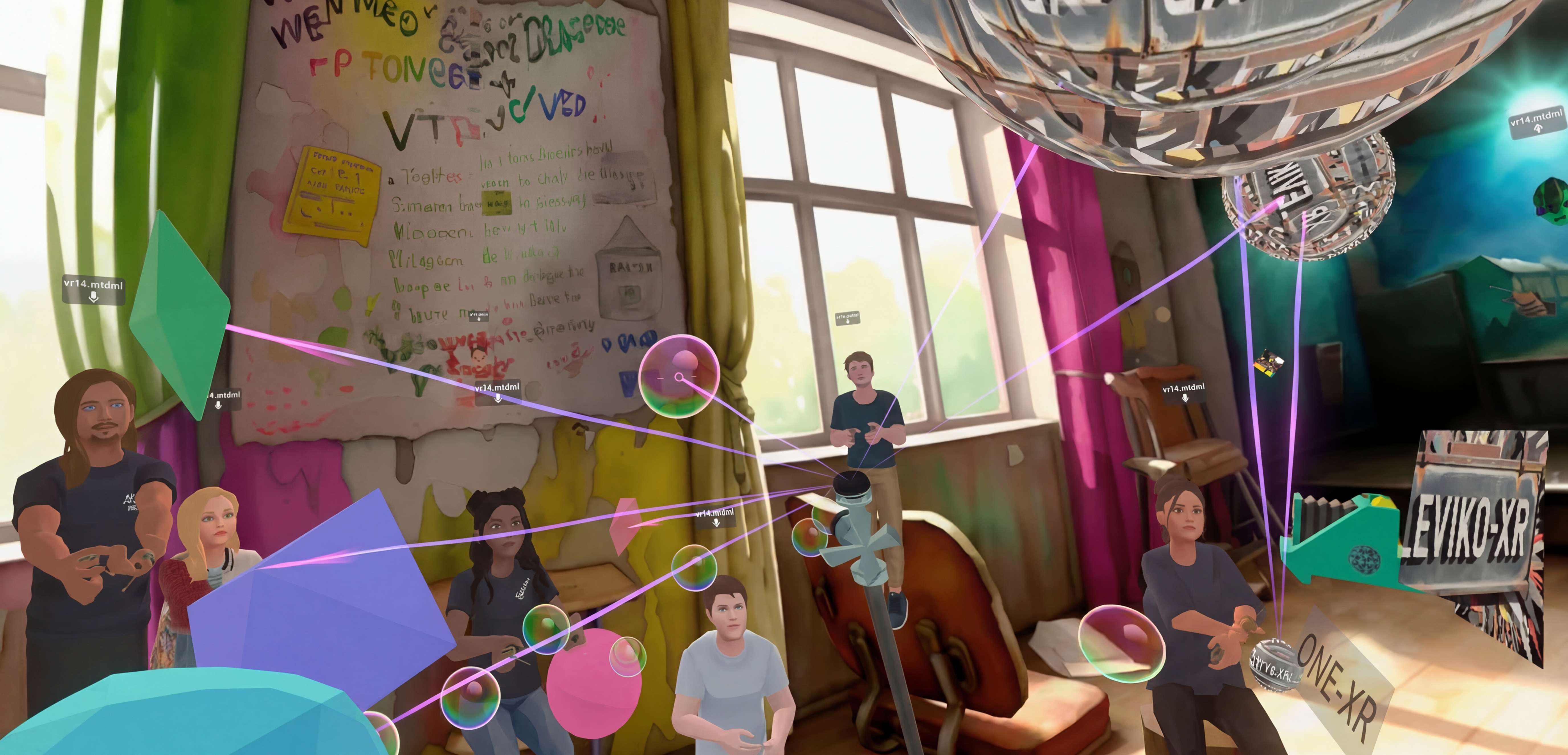 Avatars collaborating around a modular musical instrument in the PatchWorld VR environment