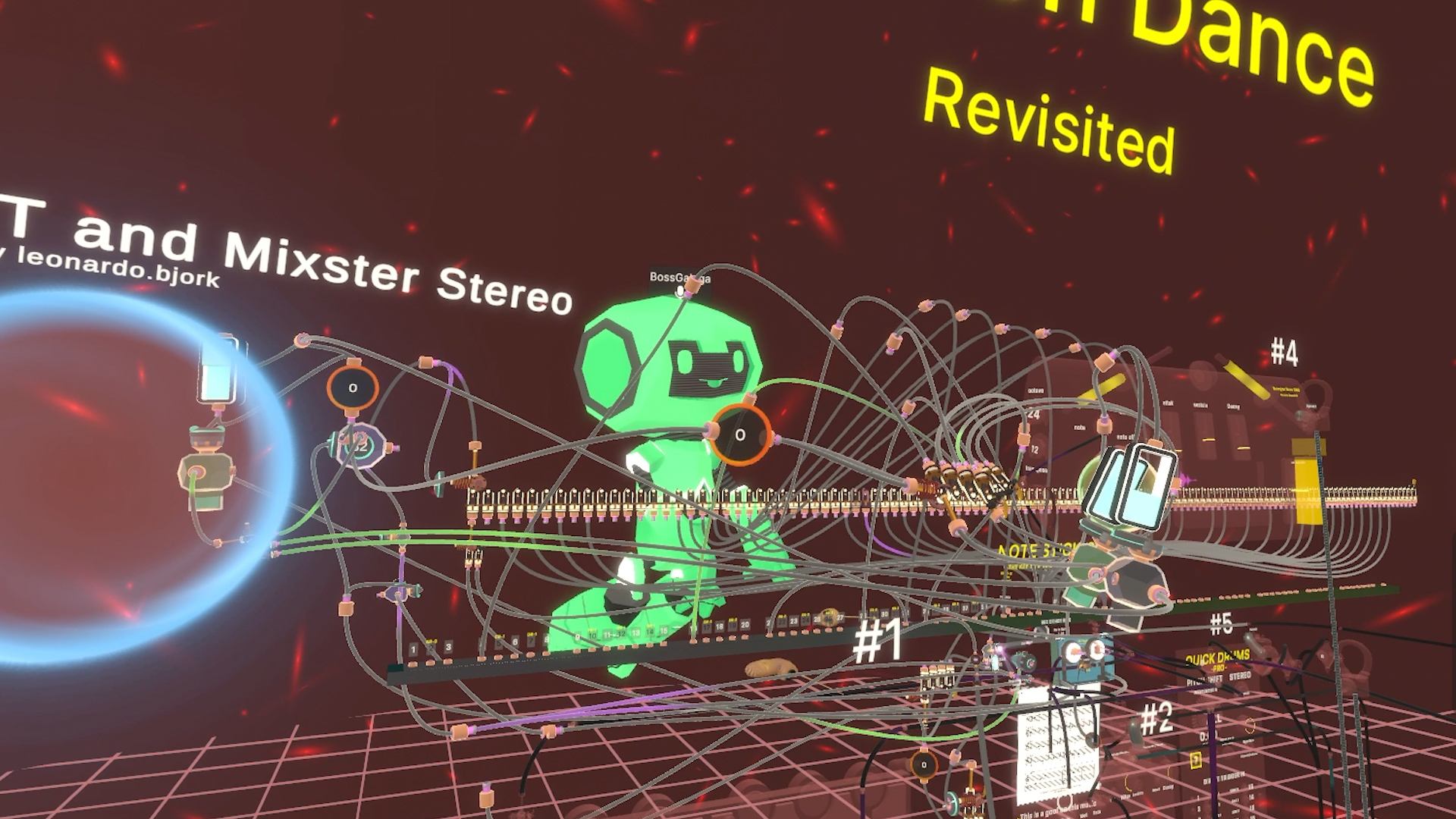 A complex PatchWorld patching environment showing a green avatar surrounded by modular cables, connected devices, numbered controls, and red audiovisual effects in a 3D performance space.