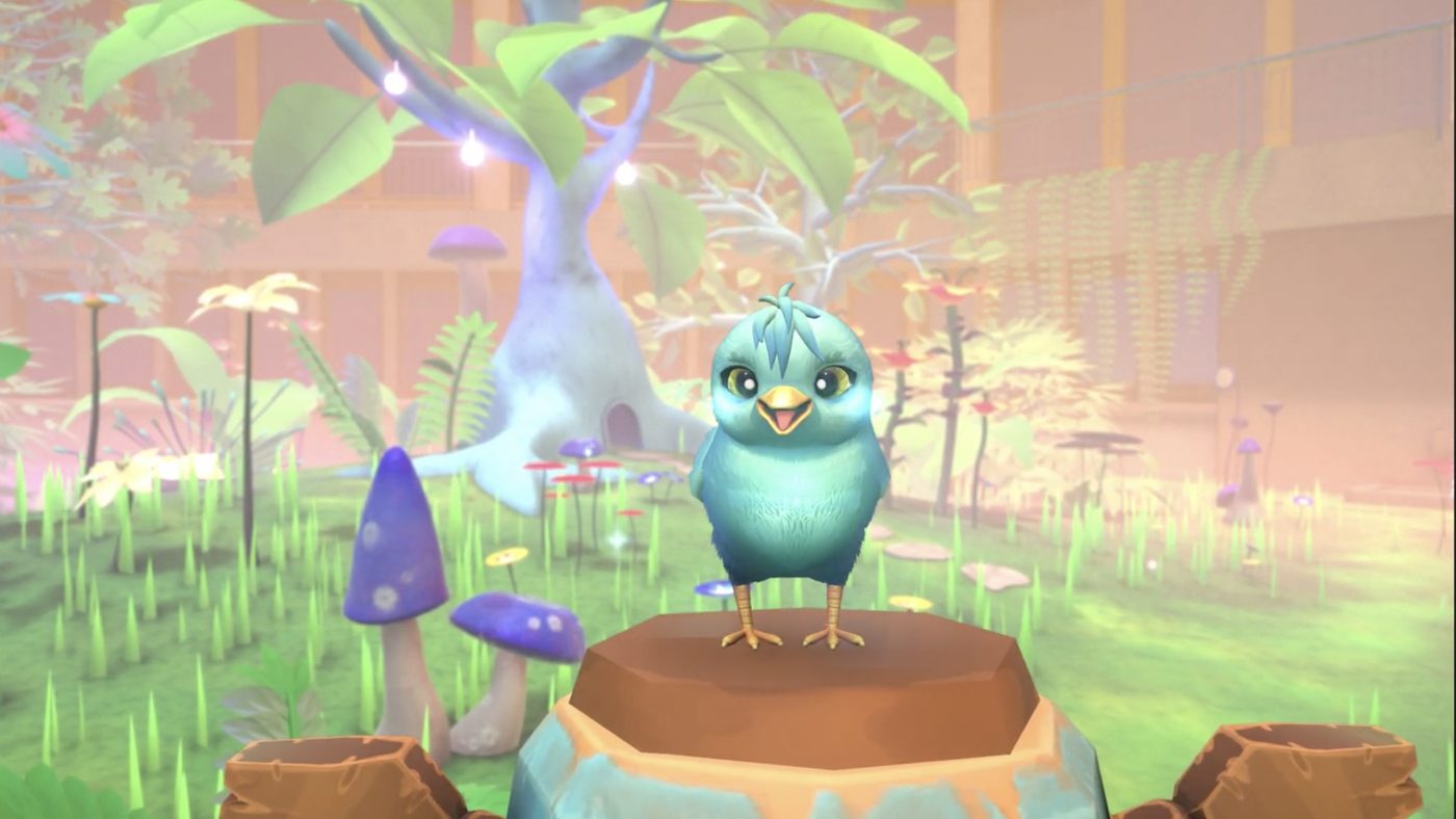 Calm blue bird standing on a birdbath in the Empathy Creatures garden