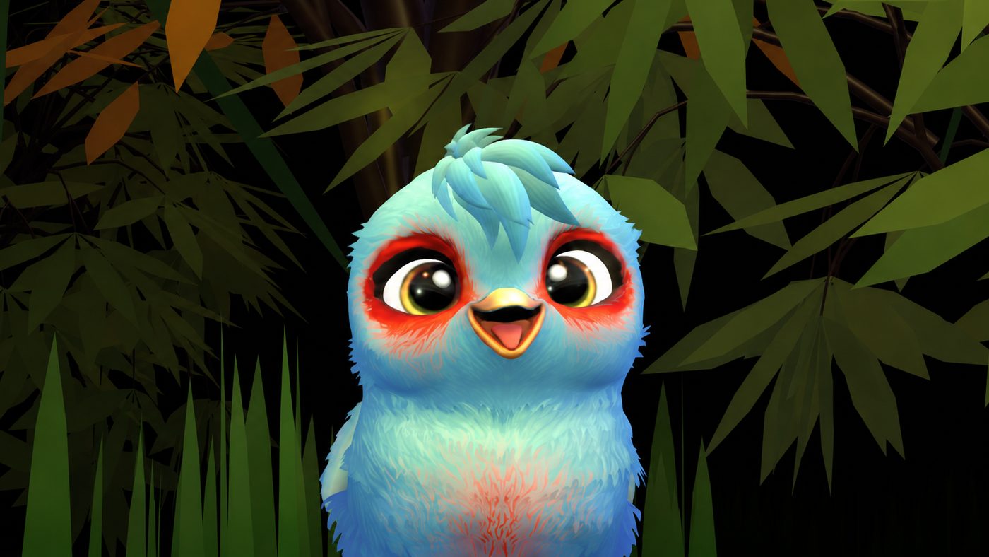 Close-up of the calm blue bird smiling in the Empathy Creatures garden