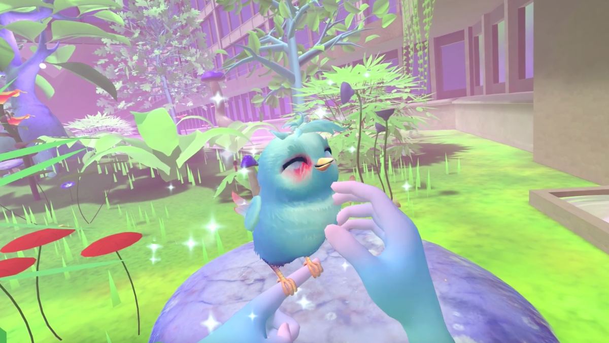 Empathy Creatures - the bird in calm blue state, in the garden, with the corporate building visible behind