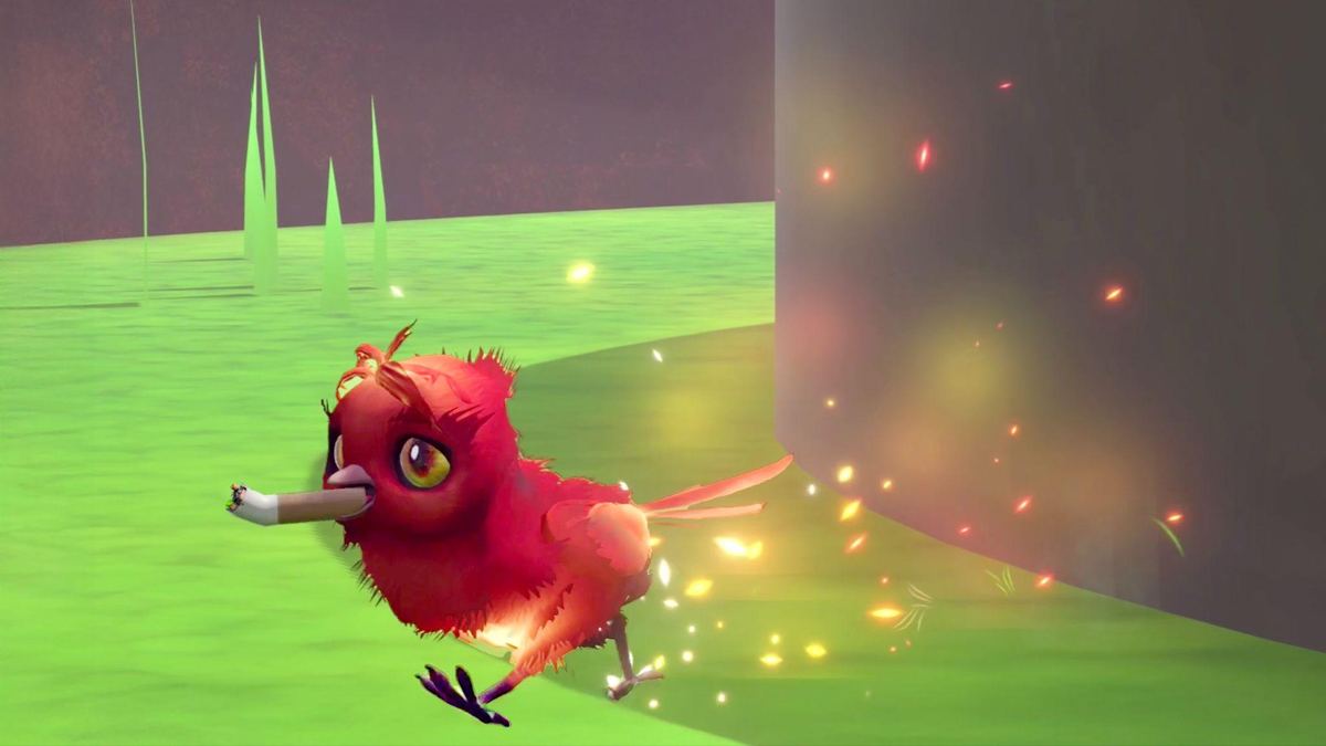 The bird in burnout-red state, picking up a cigarette butt in the corporate courtyard