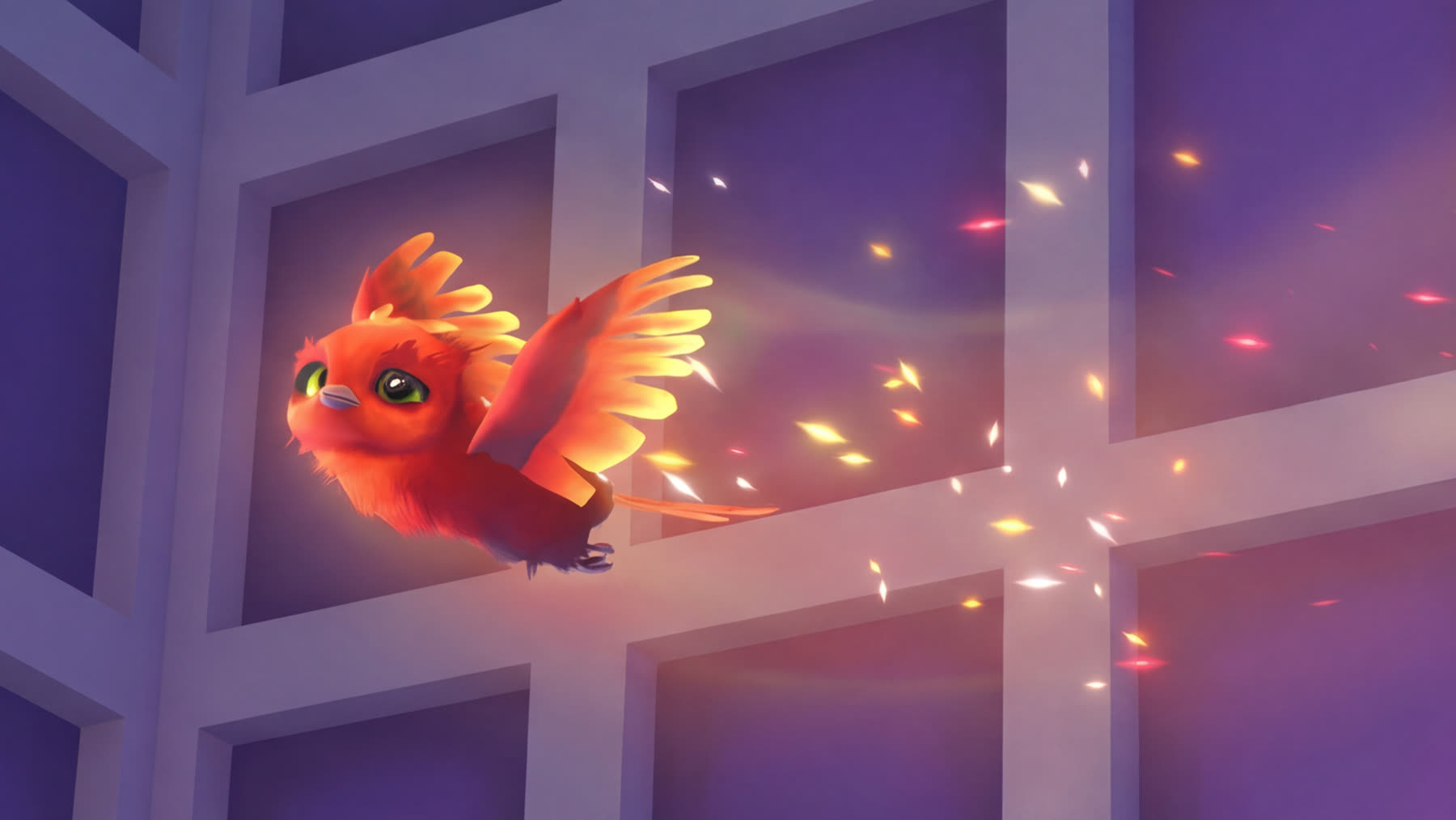 The red Empathy Creatures bird flying through the corporate architecture with glowing feather trails
