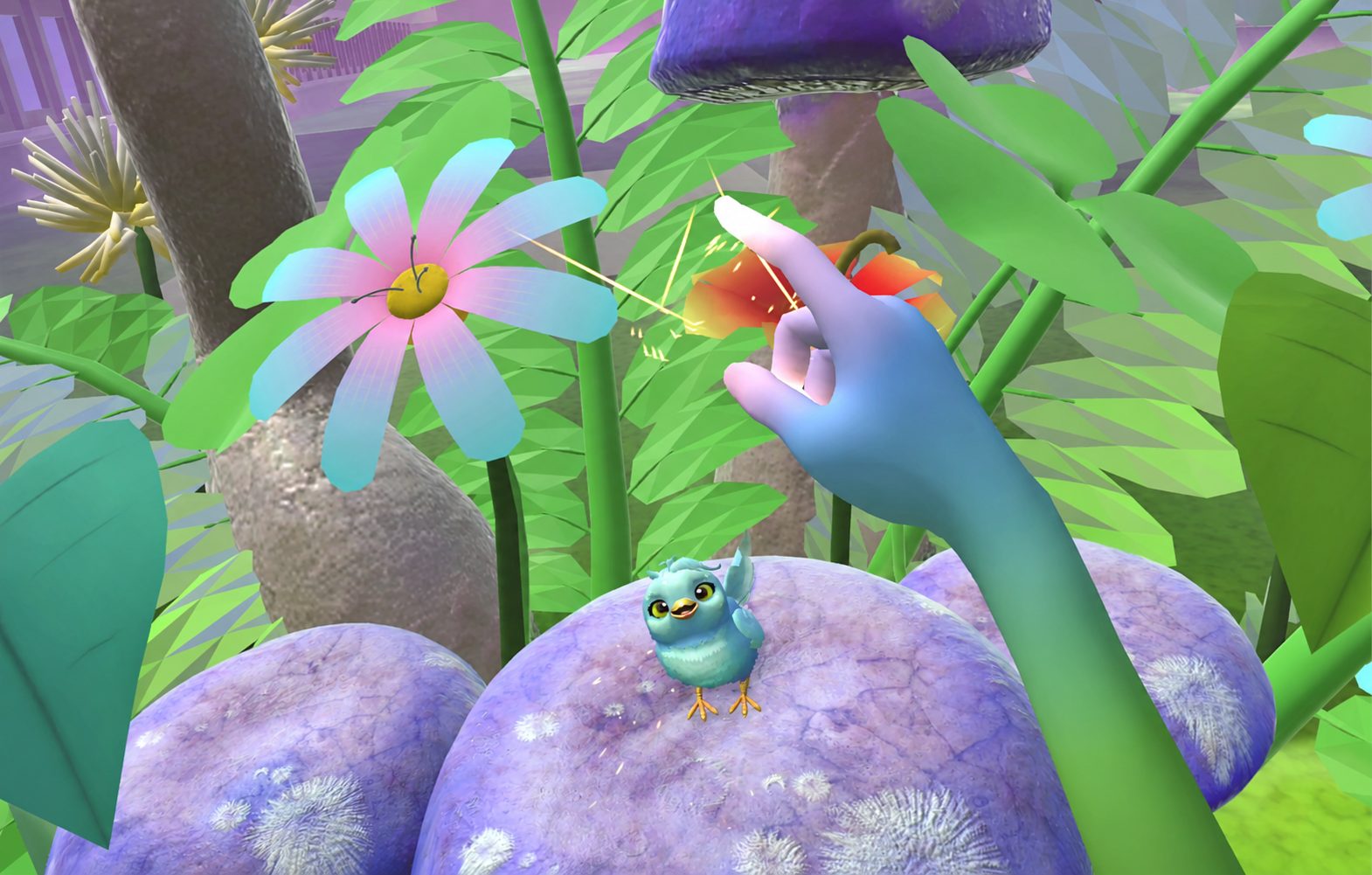 In-VR view of a participant conducting a glowing singing interaction near the blue bird in the garden