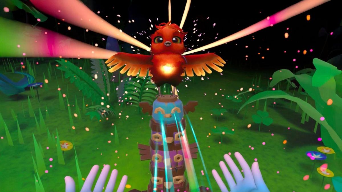 VR view of the bird in flight above a totem, participant's hands visible