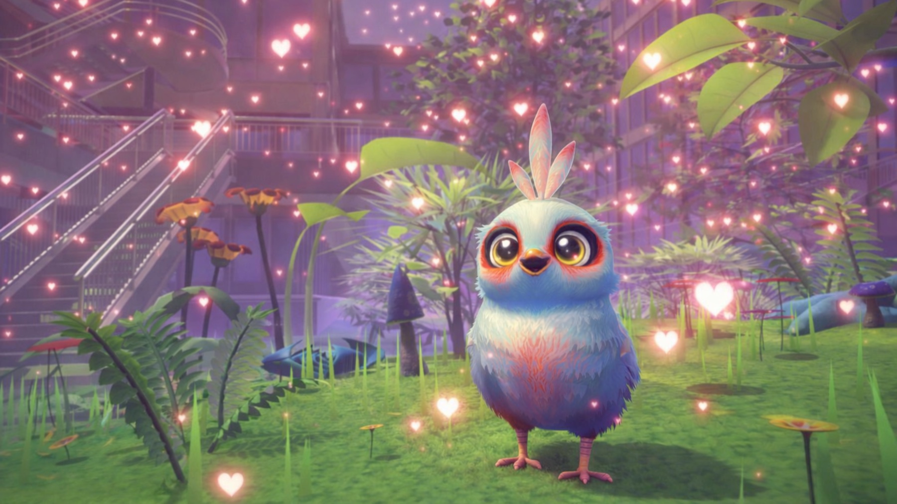 The bird in a caring garden scene surrounded by glowing hearts