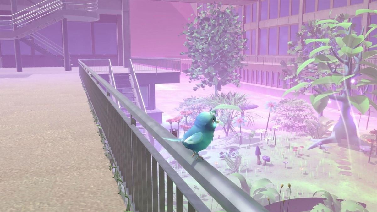 The bird perched on a railing inside the brutalist courtyard at La Mobilière headquarters, Bern