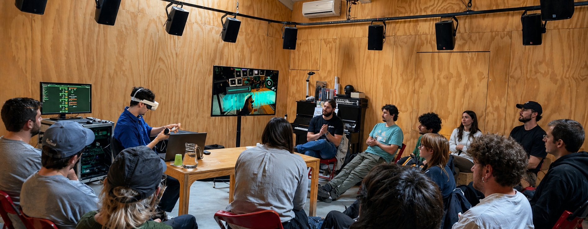 A wide photo of Enrico Benato demonstrating PatchWorld in a VR headset during the PASE programme in Venice, with an audience watching in a wood-panelled sound studio surrounded by black hanging speakers and audio equipment.
