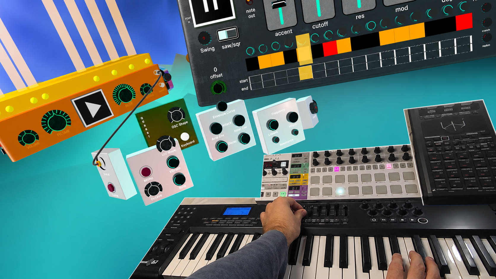 PatchWorld connected to a physical keyboard, MIDI controllers, and modular music devices