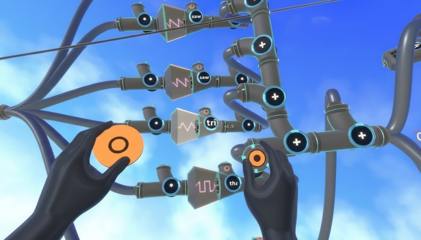 VR view of two virtual hands grabbing and connecting modular blocks in PatchWorld against a bright blue sky, showing spatial patching and music creation in 3D space.