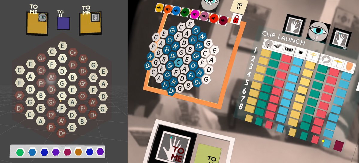 A HOST-controlled hex-note instrument in PatchWorld shown as a top-down layout and from inside the headset