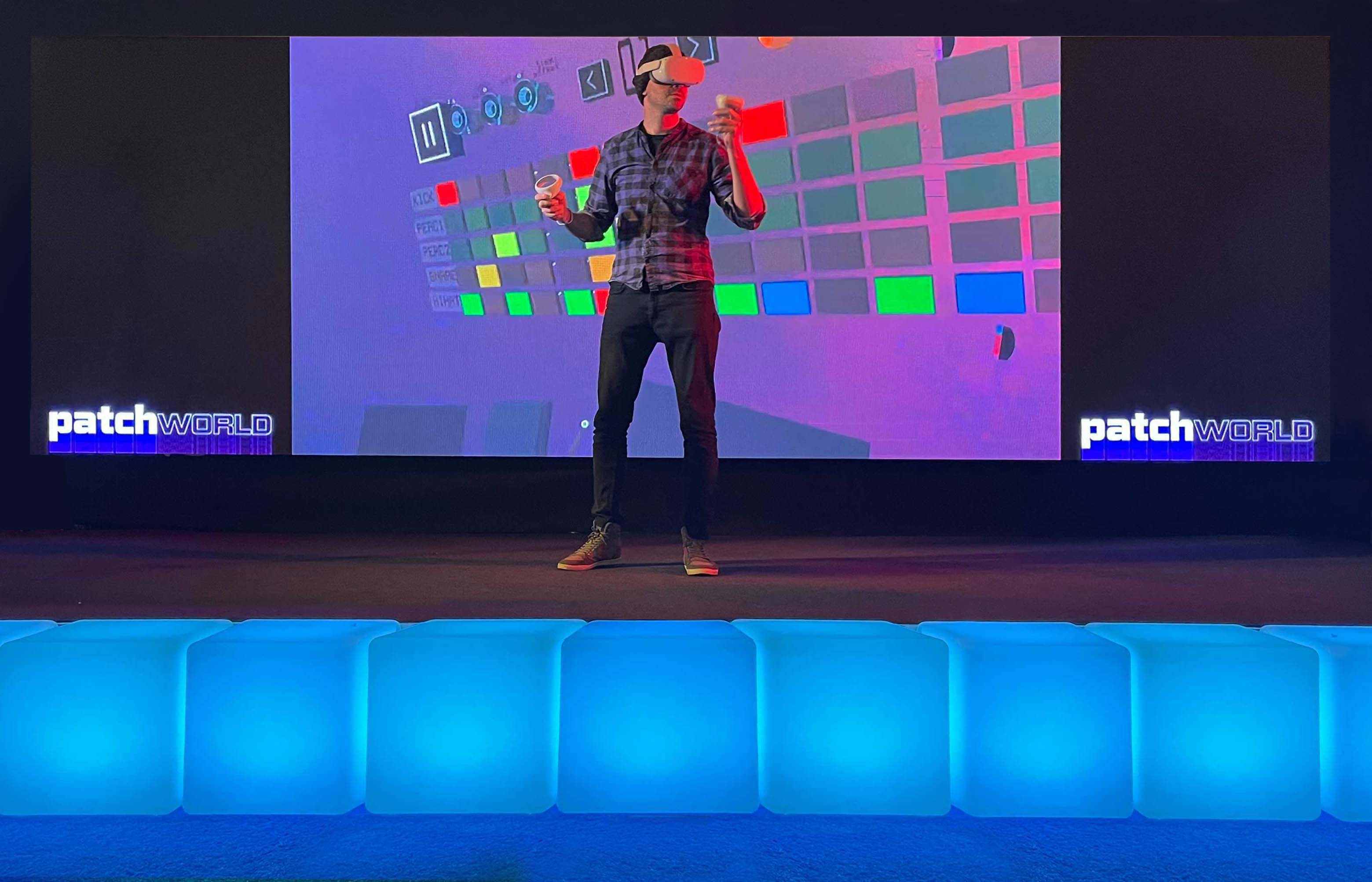 PatchWorld performer playing a virtual instrument in mixed reality