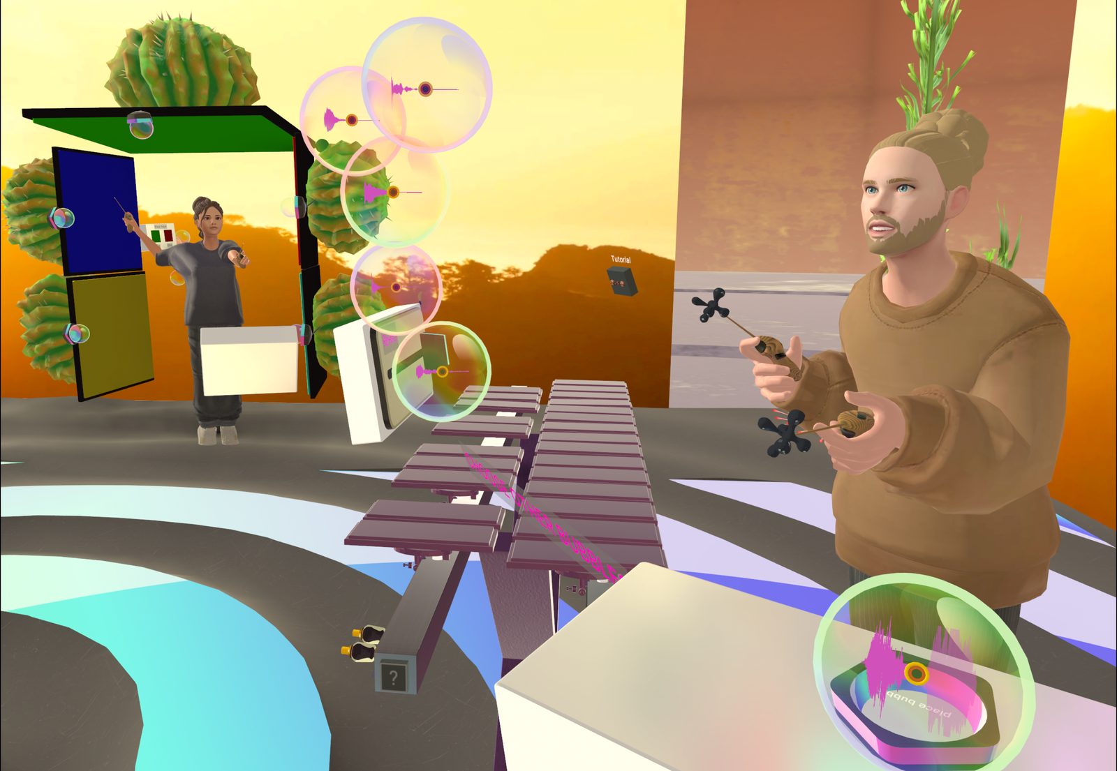 Two players using a collaborative rhythm instrument in PatchWorld