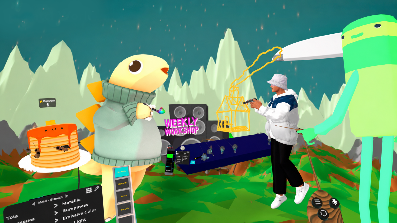 A user-led weekly PatchWorld workshop hosted by Todd, with avatars building together in a colorful world