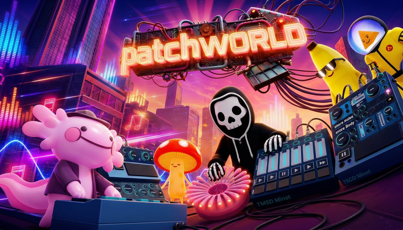 PatchWorld key art with the PatchWorld logo, characters, and musical devices in a neon city scene