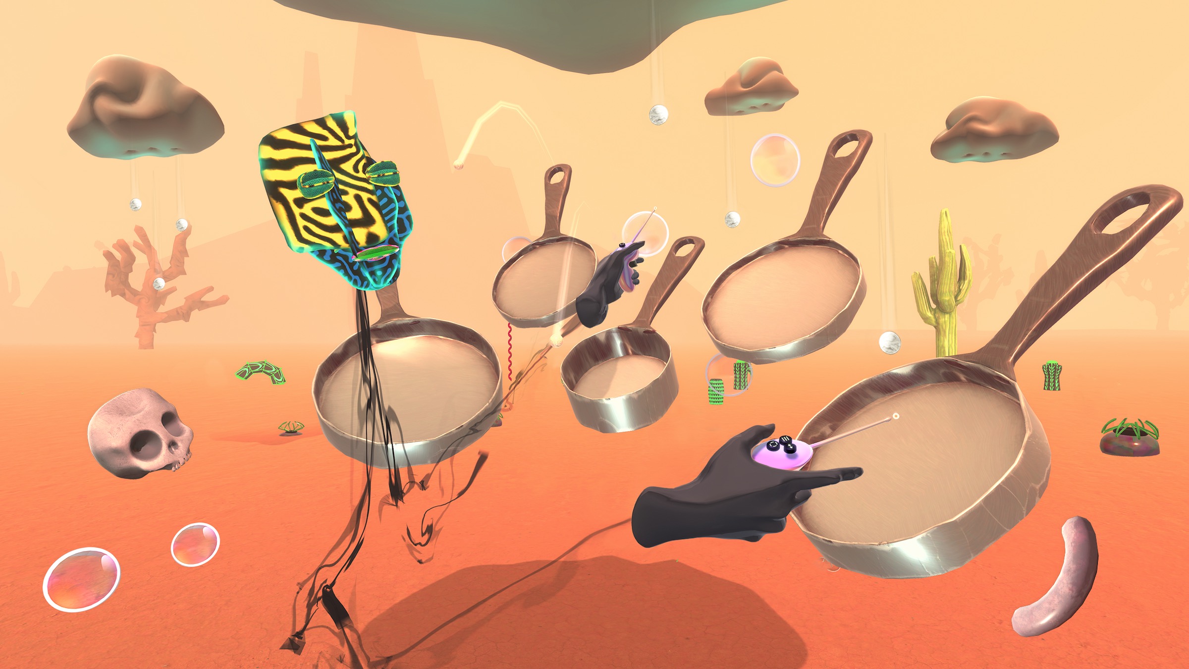 a performer is playing music in a virtual desert with funny objects