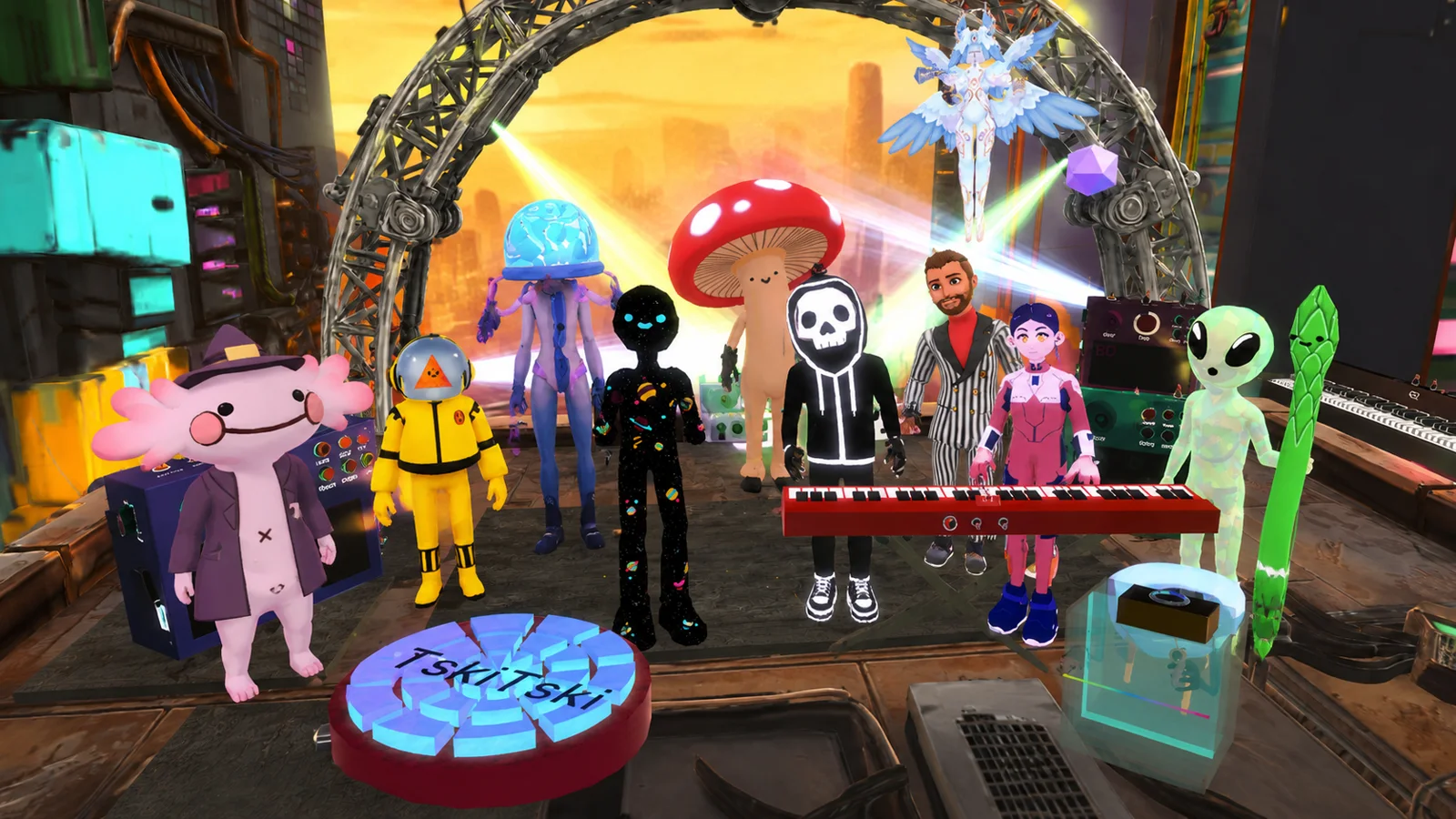 PatchWorld community avatars gathered together in a shared virtual music world