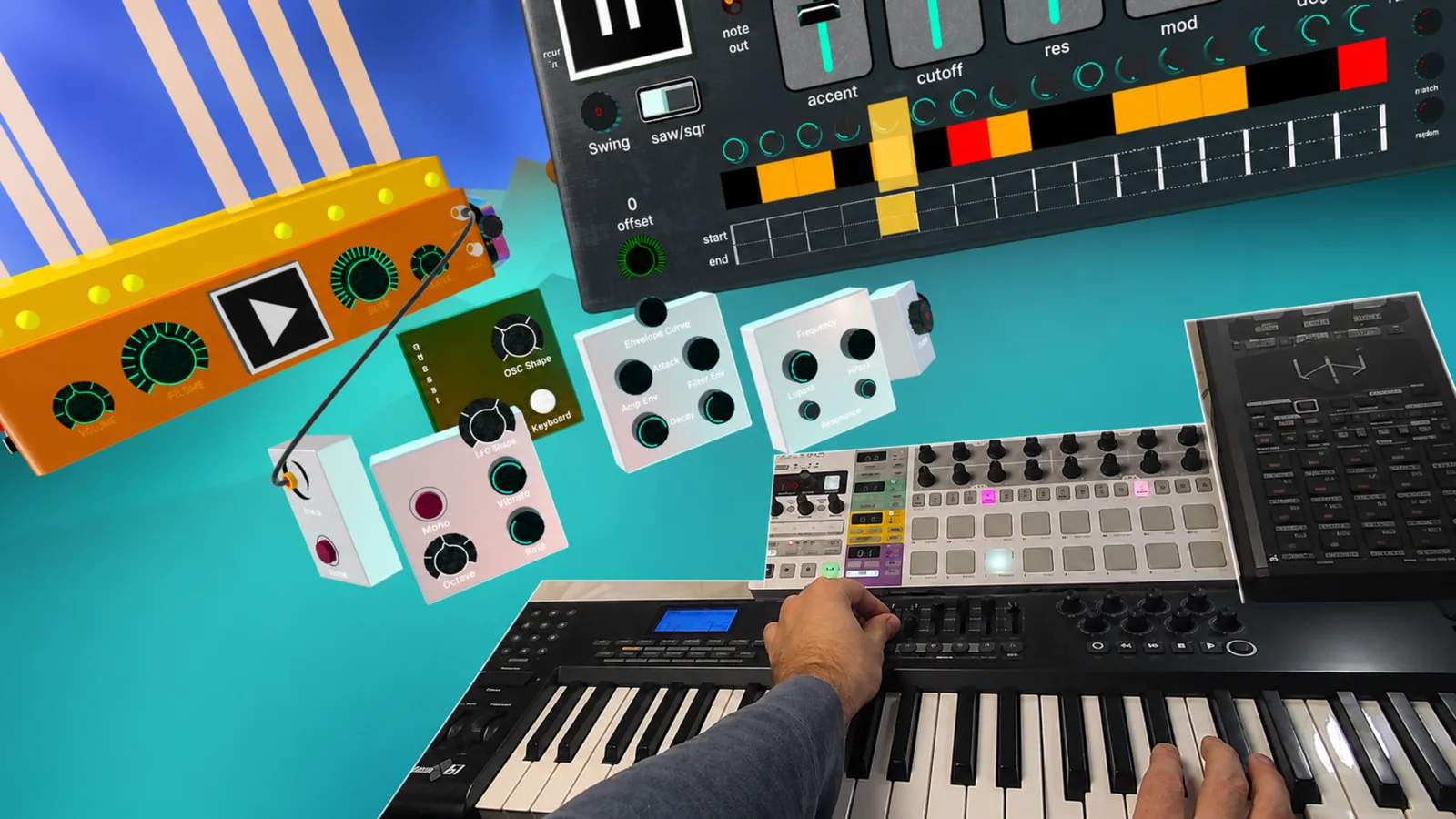 PatchWorld connected to external music gear, MIDI controllers, and a keyboard setup