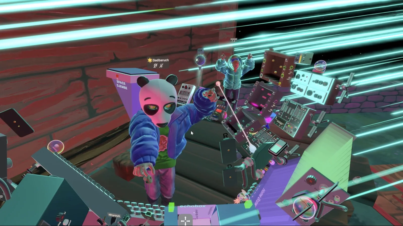 PatchWorld avatars performing with modular instruments in a shared virtual music world