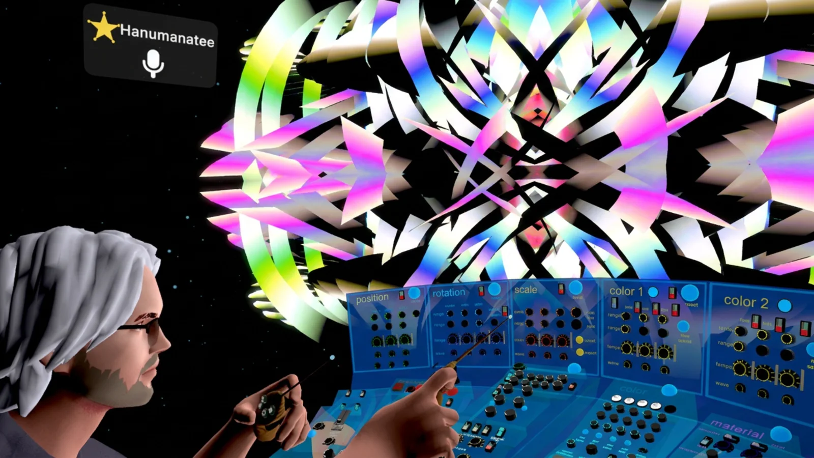 PatchWorld creator playing a visual synth in a modular 3D music studio