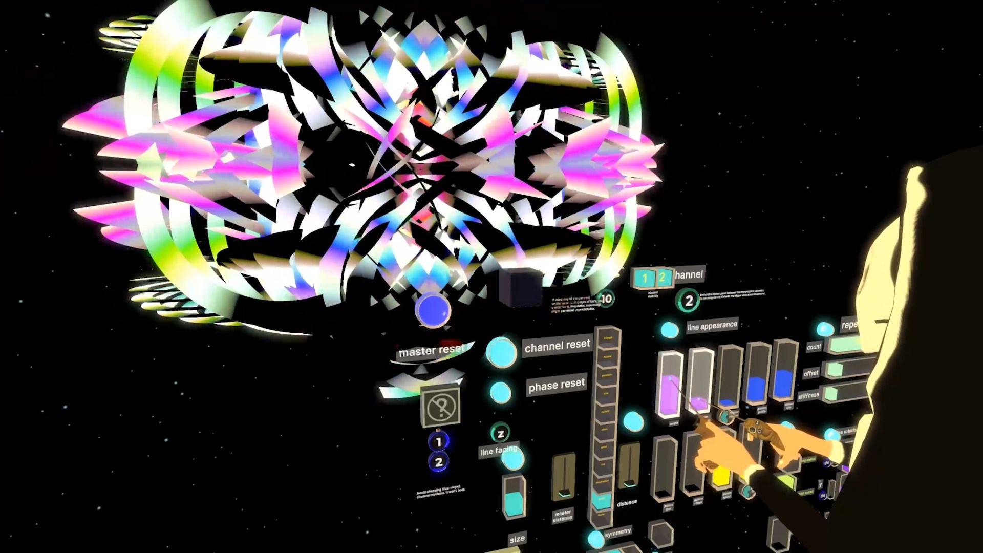 A spatial audiovisual interface in PatchWorld, showing an abstract reactive visual structure, sliders, buttons, and a performer avatar controlling an immersive music and visual system in VR.